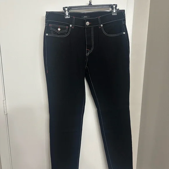 True Religion Women's Black Skinny Jeans with Red Stitching